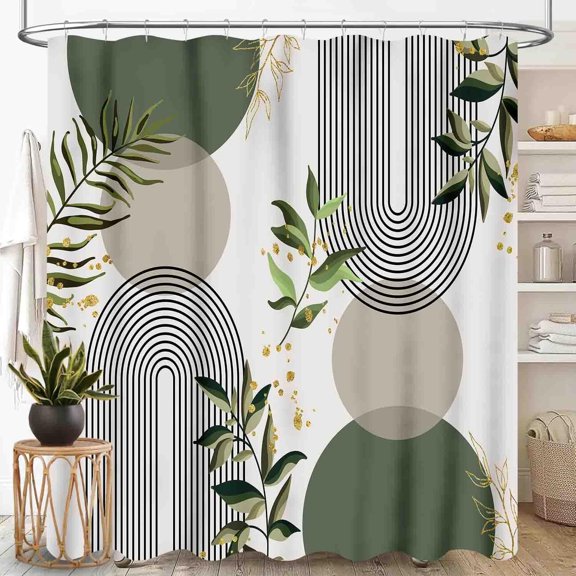 Mid Century Modern Shower Curtain, Boho Aesthetic Green Tropical Palm Leaves Abstract Minimalist Geometic Arch Waterproof Fabric Bathroom Shower Curtain Set with Hooks, 72"x72" Inch