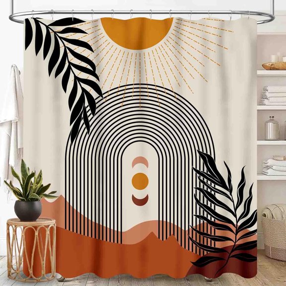 Mid Century Modern Shower Curtain, Boho Aesthetic Green Tropical Palm Leaves Moon Phase Abstract Minimalist Geometic Arch Waterproof Fabric Bathroom Shower Curtain Set with Hooks, 72"x72" Inch
