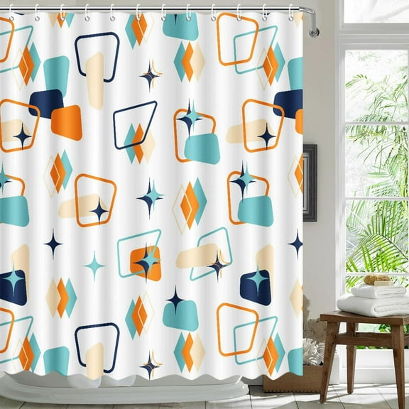 Mid Century Modern Shower Curtain Colourful Minimalist Geometric Bathroom Curtain Vintage Boho Abstract 1950s Home Bathtub Decor Fabric Waterproof Bath Curtain with Hooks 60"W x 72"L (Pack of 1)