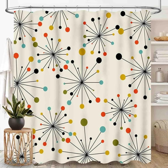 Mid Century Modern Shower Curtain, Geometric Atomic Abstract Iconic Pattern 1950s 1960s Retro Style Art Pastel Waterproof Fabric Bathroom Shower Curtain Set with Hooks,72"x72" Inch