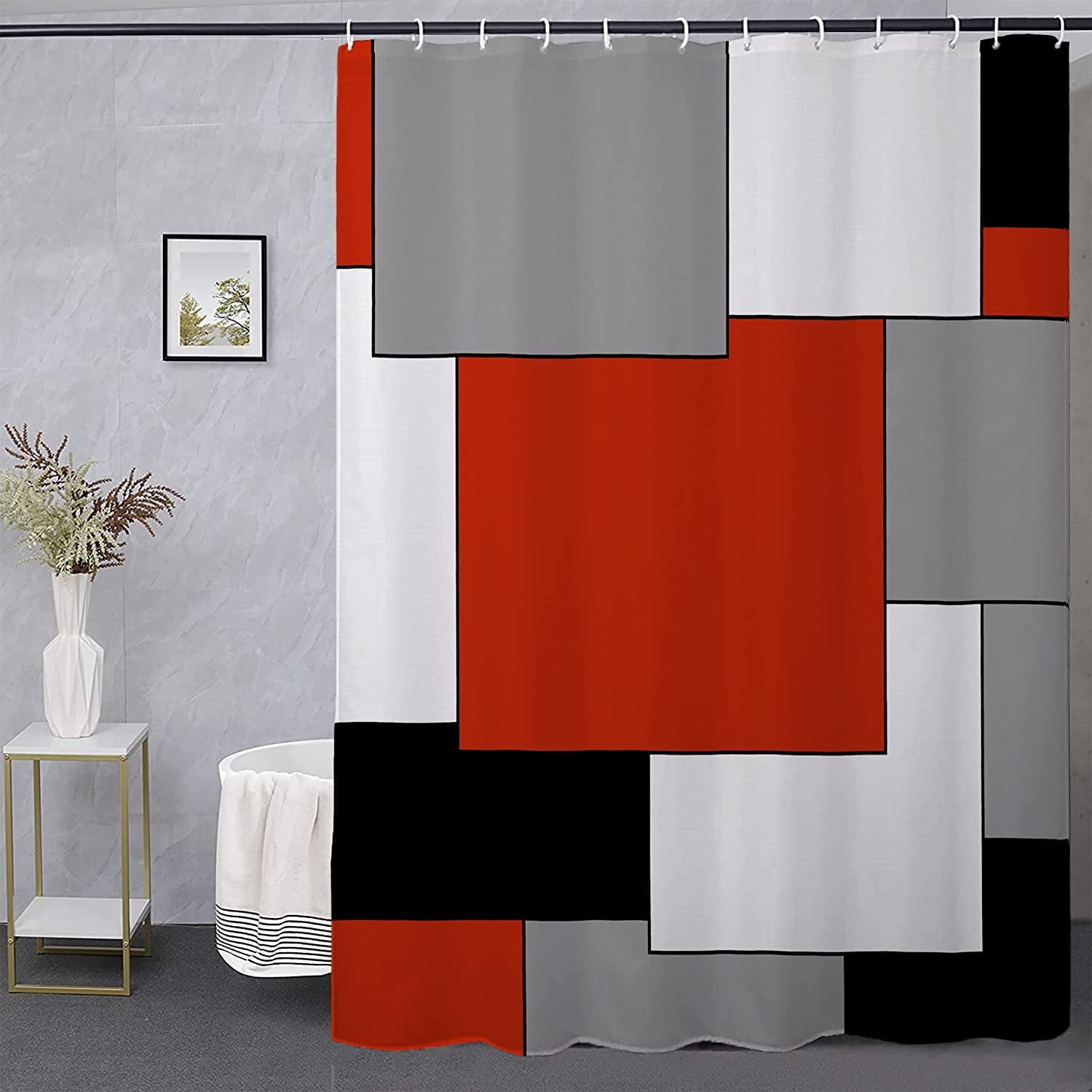 Mid Century Modern Shower Curtain Red Bathroom Accessories Gray and ...