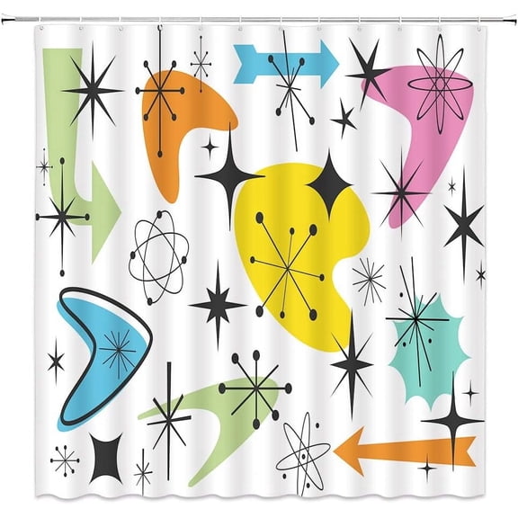 Mid Century Modern Shower Curtain Retro Atomic Starburst Abstract Geometric Boomerangs Sputnik Iconic 1950s 1960s Vintage Polyester Bathroom Decor Curtain with Hooks,Black Yellow Blue