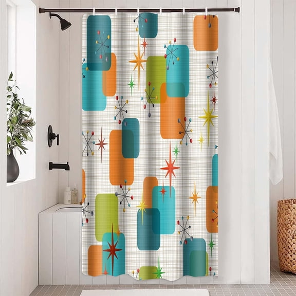 Mid Century Modern Shower Curtain Teal Orange Retro Geometric Squares Atomic Stars Bathroom Curtain Decor 36x72Inch Washable Fabric Abstract Vintage Boho Art Shower Curtains with 6 Hooks