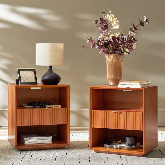 Mid-Century Modern Side Table Set of 2 with Charging Station, Fluted Drawer End Table with Open Shelf Storage for Living Room, Office, Sofa Side, Acorn