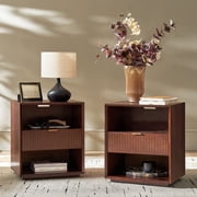 Mid-Century Modern Side Table Set of 2 with Charging Station, Fluted Drawer End Table with Open Shelf Storage for Living Room, Office, Sofa Side, Walnut