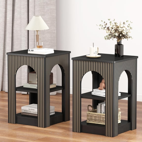 Mid Century Modern Side Table Set Of 2, Square Fluted Nightstand With 3 Tier Storage Shelves, Arched Carving Lines End Table For Living Room Bedroom Office, Black Accent Furniture