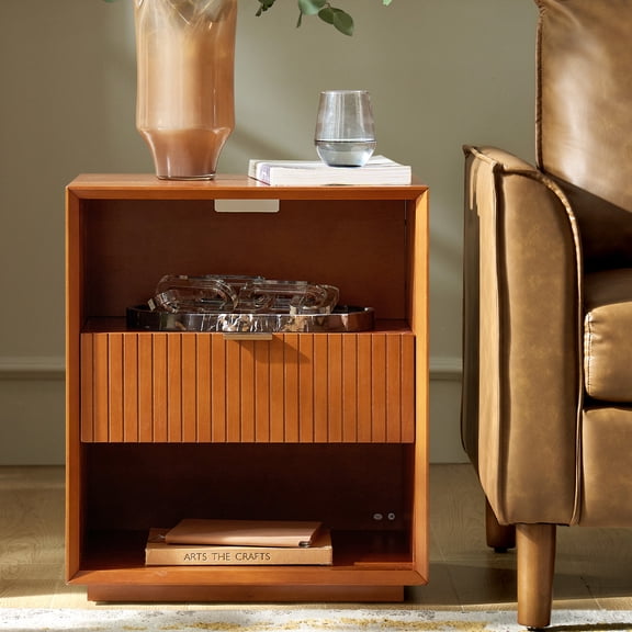 Mid-Century Modern Side Table with Charging Station, Fluted Drawer End Table with Open Shelf Storage for Living Room, Office, Sofa Side, Acorn