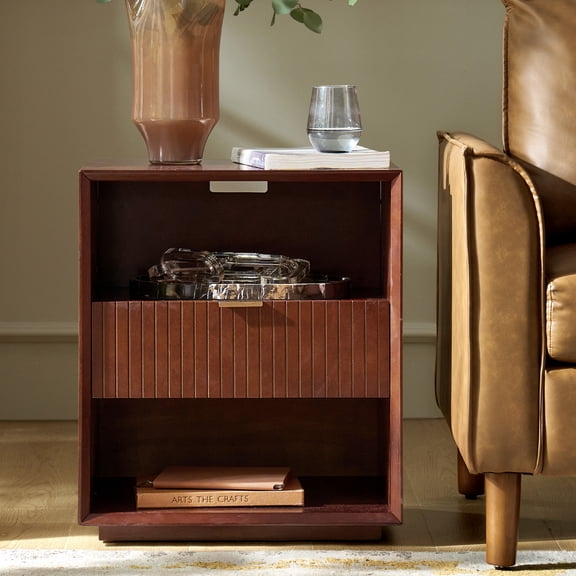 Mid-Century Modern Side Table with Charging Station, Fluted Drawer End Table with Open Shelf Storage for Living Room, Office, Sofa Side, Walnut