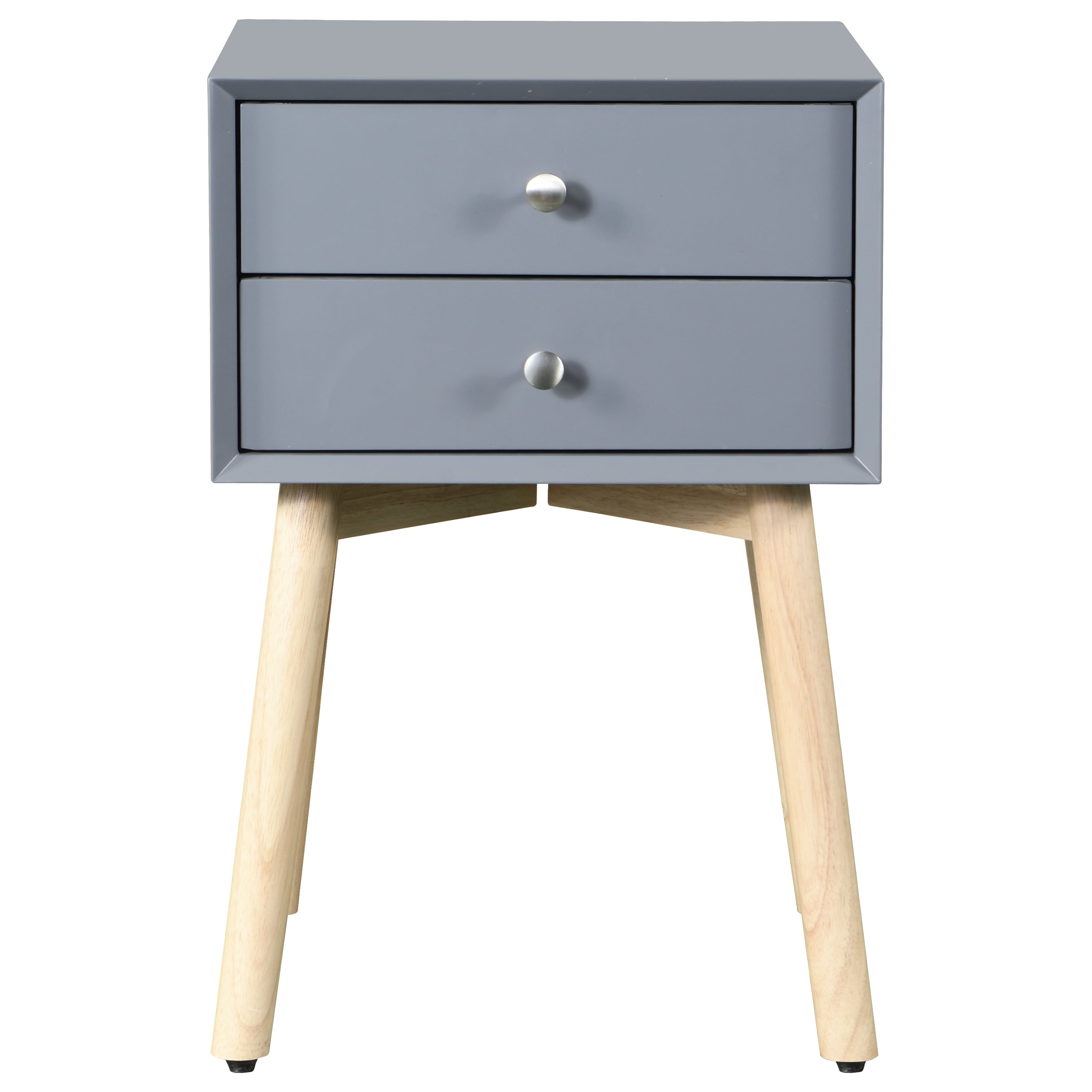 MidCentury Modern Side Table with Rubber Wood Legs, 2 Drawers, Gray