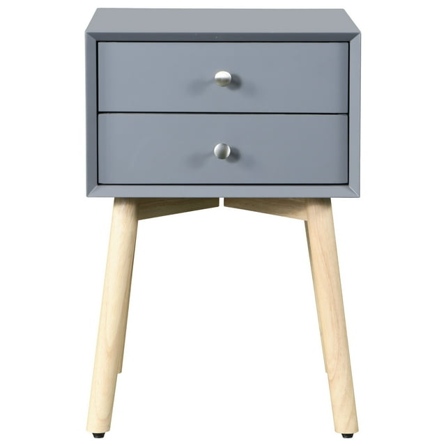 MidCentury Modern Side Table with Rubber Wood Legs, 2 Drawers, Gray