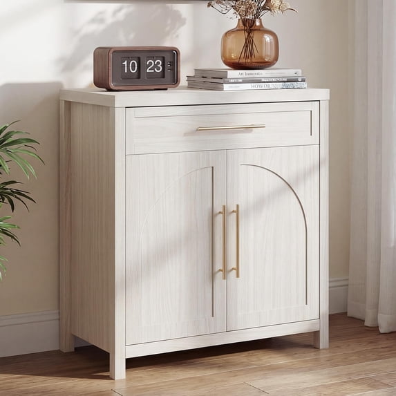 Mid-Century Modern Sideboard, 2-Door Accent Storage Cabinet with Arched Natural Wood Texture, Small Buffet Cabinet for Entryway, Living Room & Dining Room, White$$Furniture