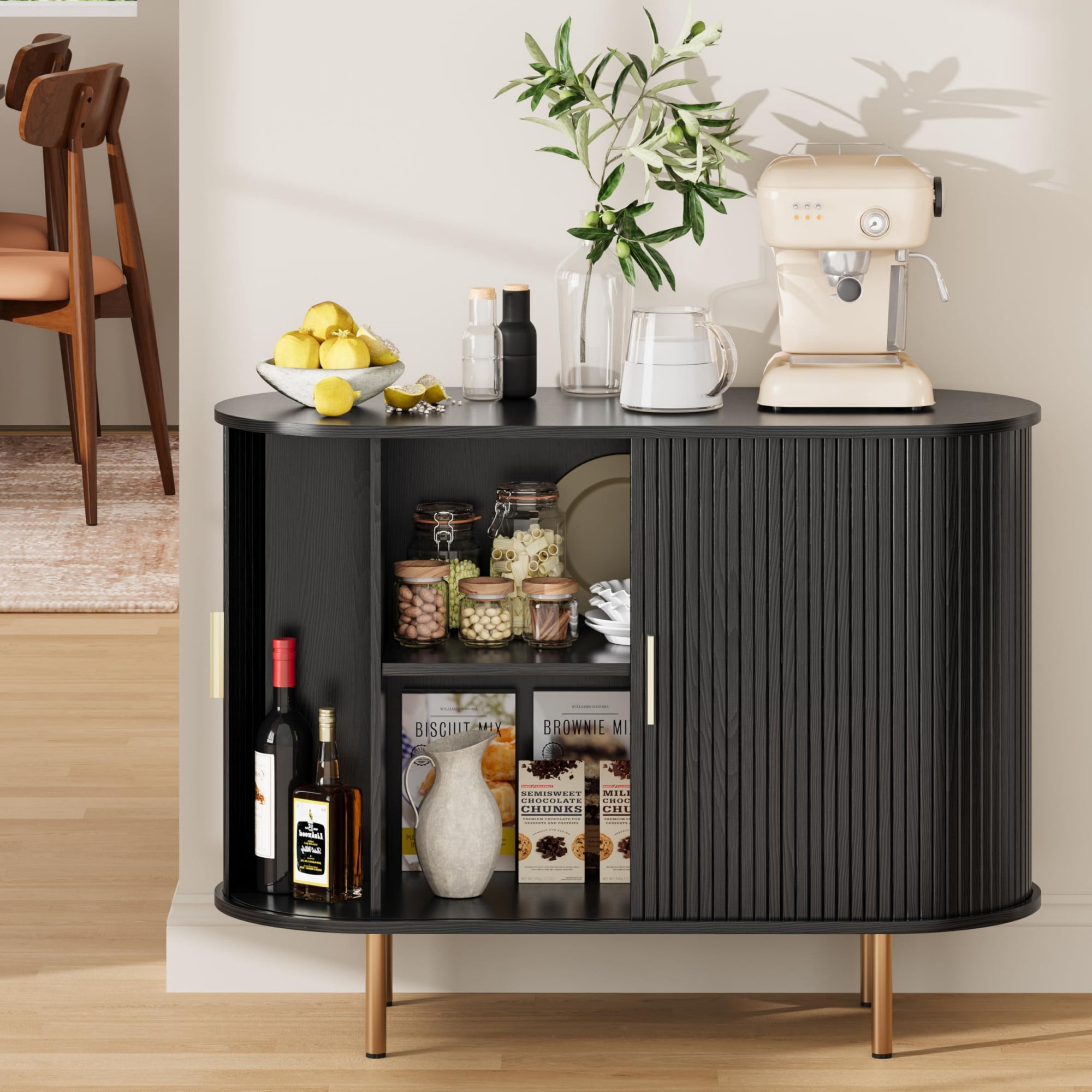 Mid Century Modern Sideboard Buffet Cabinet, 39 Inch Fluted Coffee Bar Console with Tambour Sliding Doors, Black