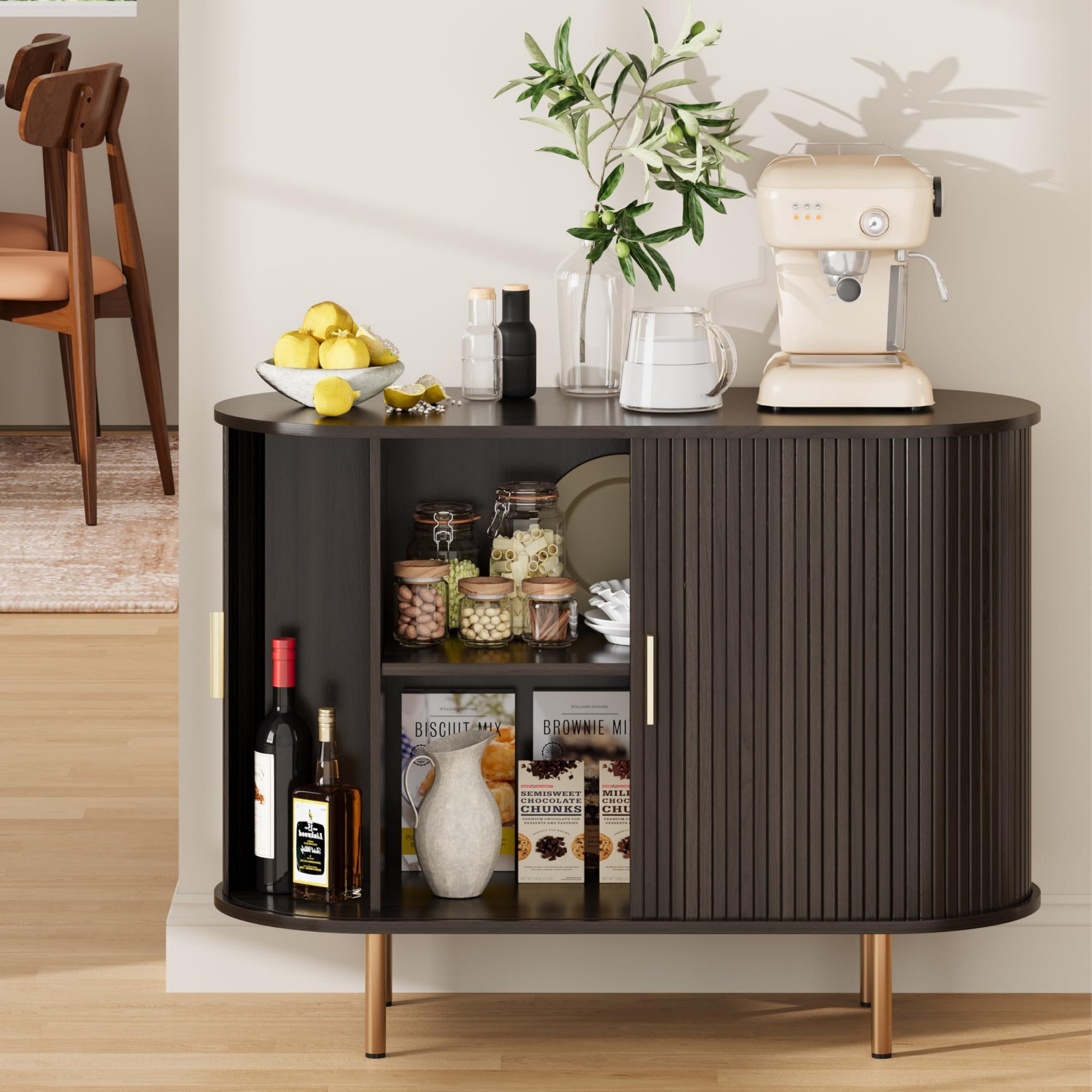 Mid Century Modern Sideboard Buffet Cabinet, 39 Inch Fluted Coffee Bar Console with Tambour Sliding Doors, Coffee