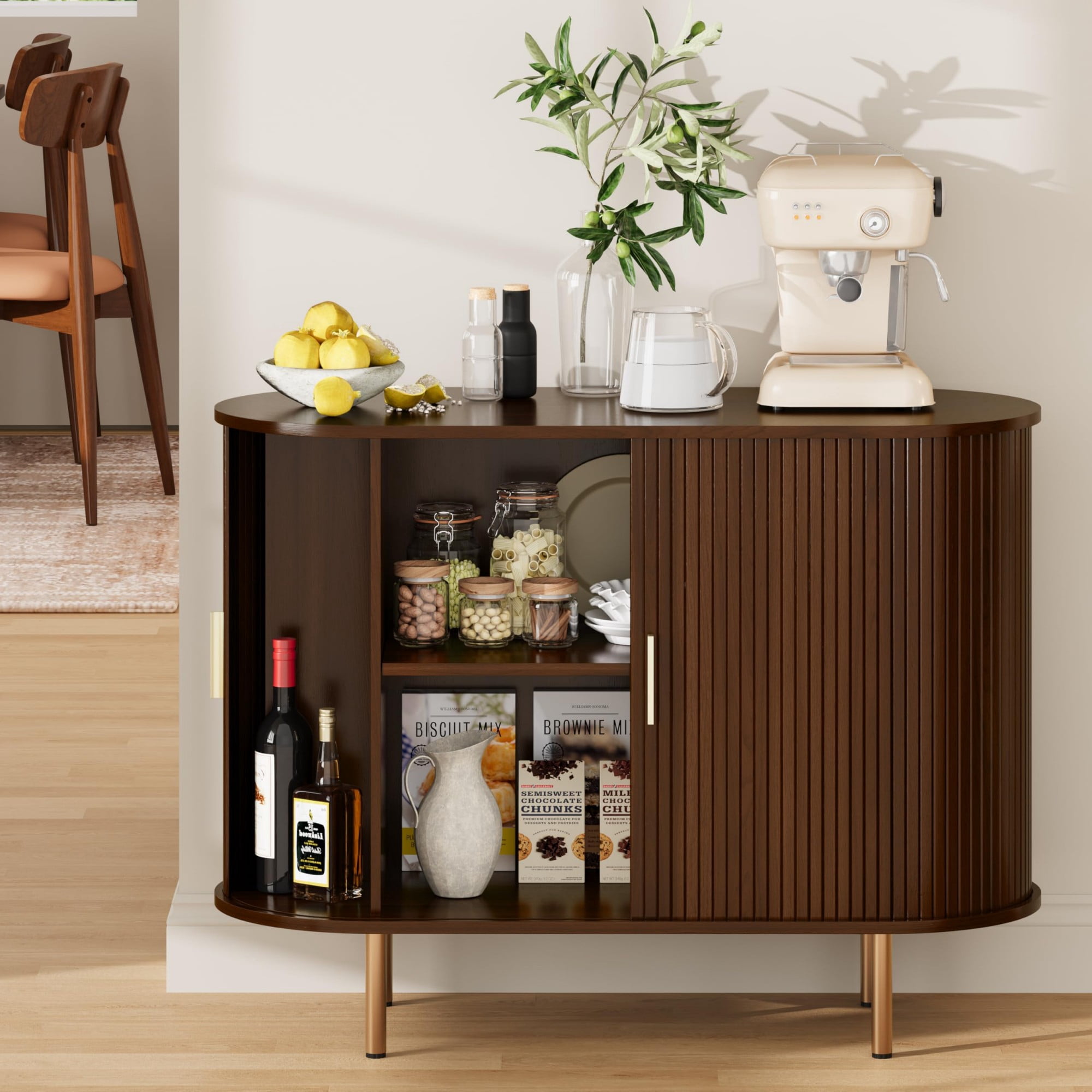 Mid Century Modern Sideboard Buffet Cabinet, 39 Inch Fluted Coffee Bar Console with Tambour Sliding Doors, Walnut