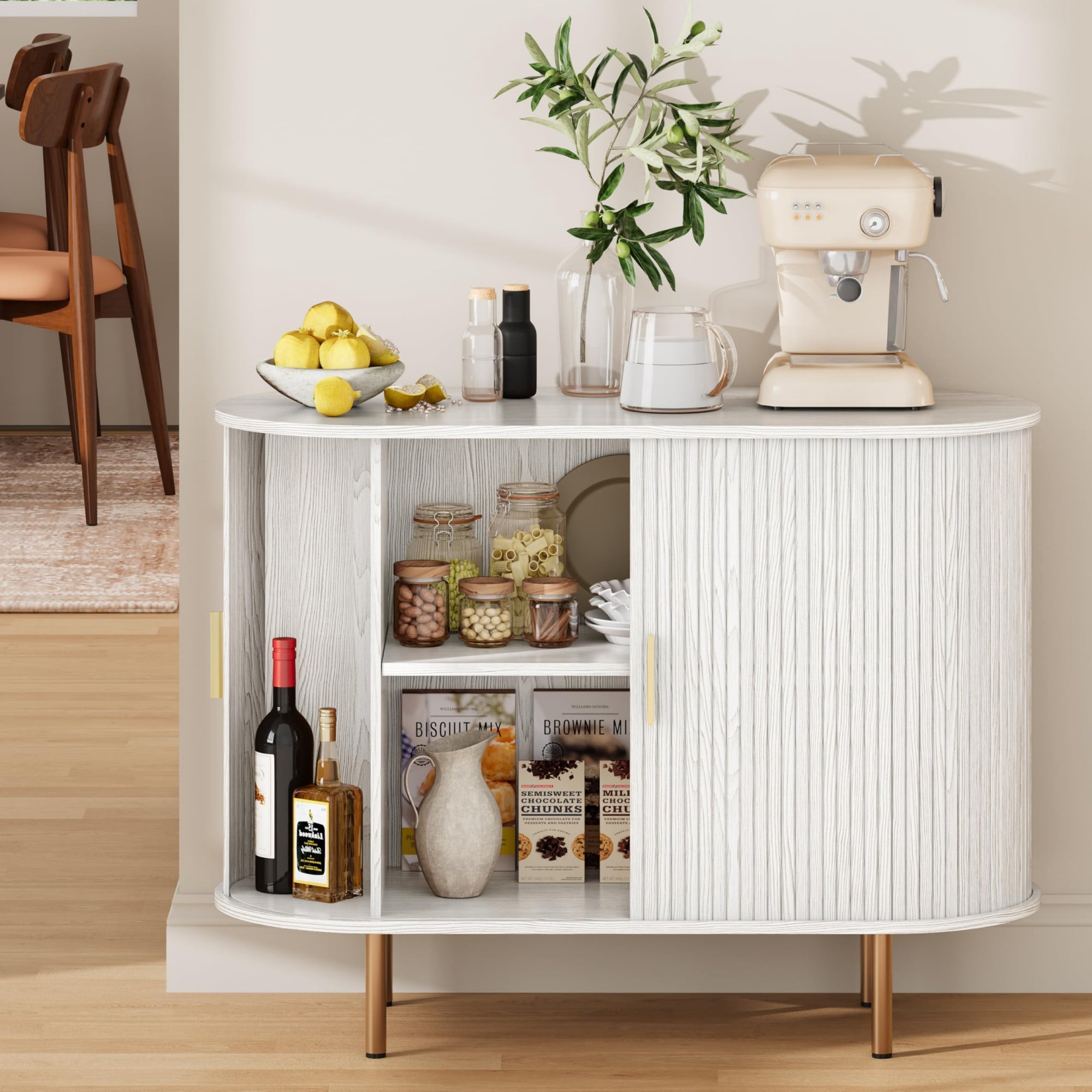 Mid Century Modern Sideboard Buffet Cabinet, 39 Inch Fluted Coffee Bar Console with Tambour Sliding Doors, White