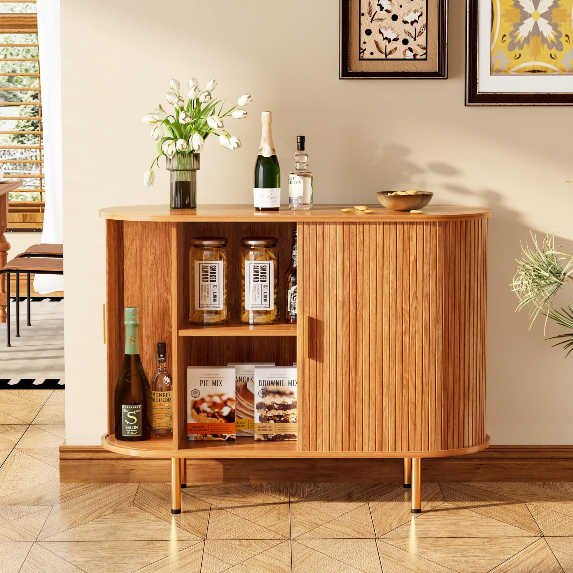 Mid Century Modern Sideboard Buffet Cabinet, 39 Inch Fluted Coffee Bar Console with Tambour Sliding Doors, Yellow