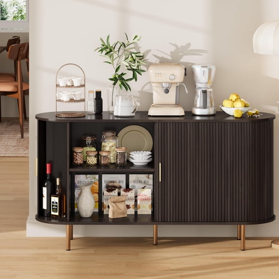 Mid Century Modern Sideboard Buffet Cabinet, 55 Inch Fluted Coffee Bar Console with Tambour Sliding Doors, Black