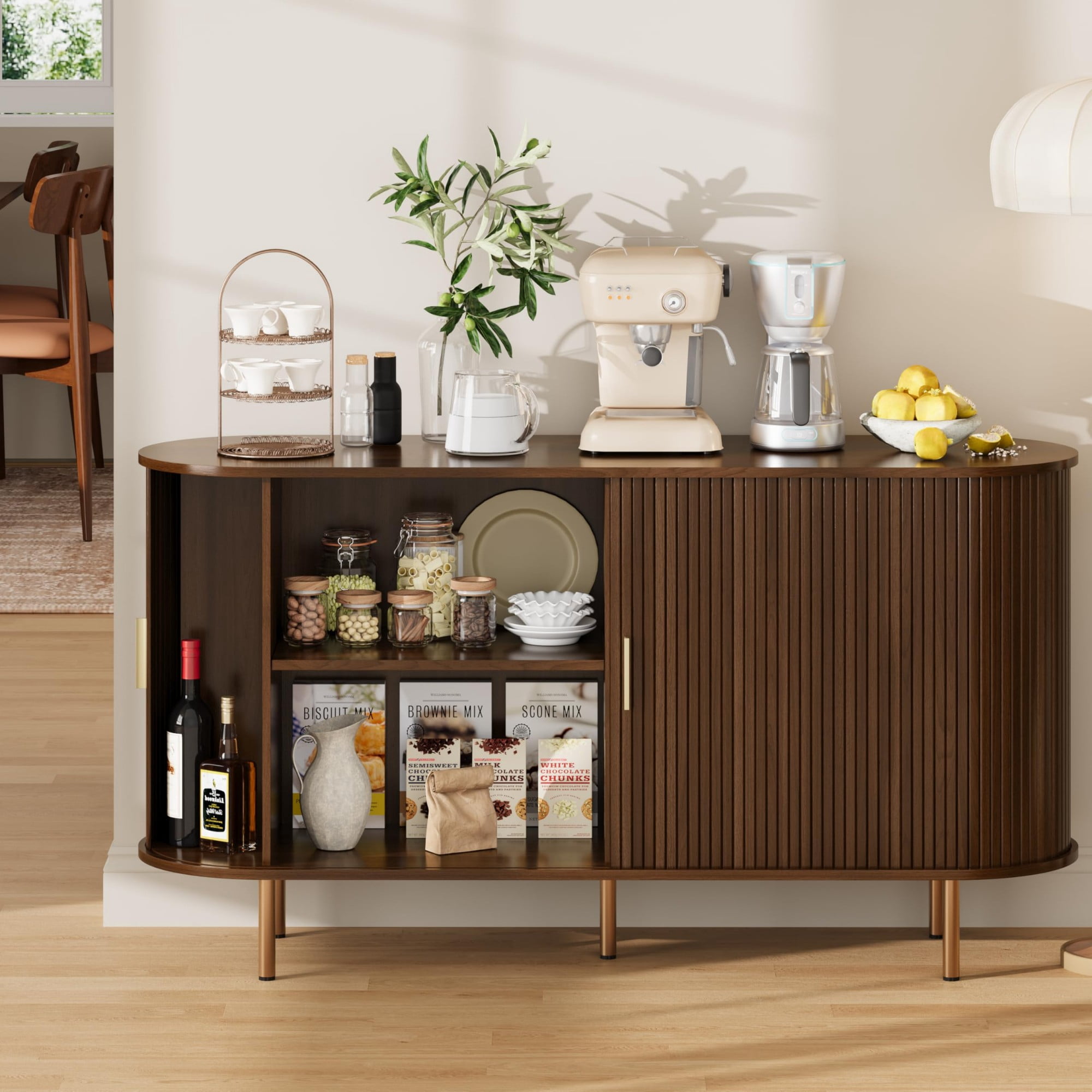 Mid Century Modern Sideboard Buffet Cabinet, 55 Inch Fluted Coffee Bar Console with Tambour Sliding Doors, Coffee