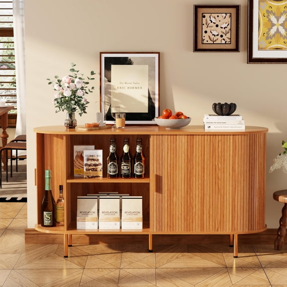 Mid Century Modern Sideboard Buffet Cabinet, 55 Inch Fluted Coffee Bar Console with Tambour Sliding Doors, Yellow