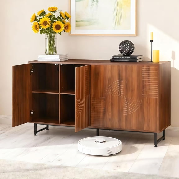 Mid Century Modern Sideboard Buffet Cabinet with Storage, Wood Sideboard Cabinet with Geometric Carved Design and Walnut Texture for Living Room, Entryway, Hallway, Walnut