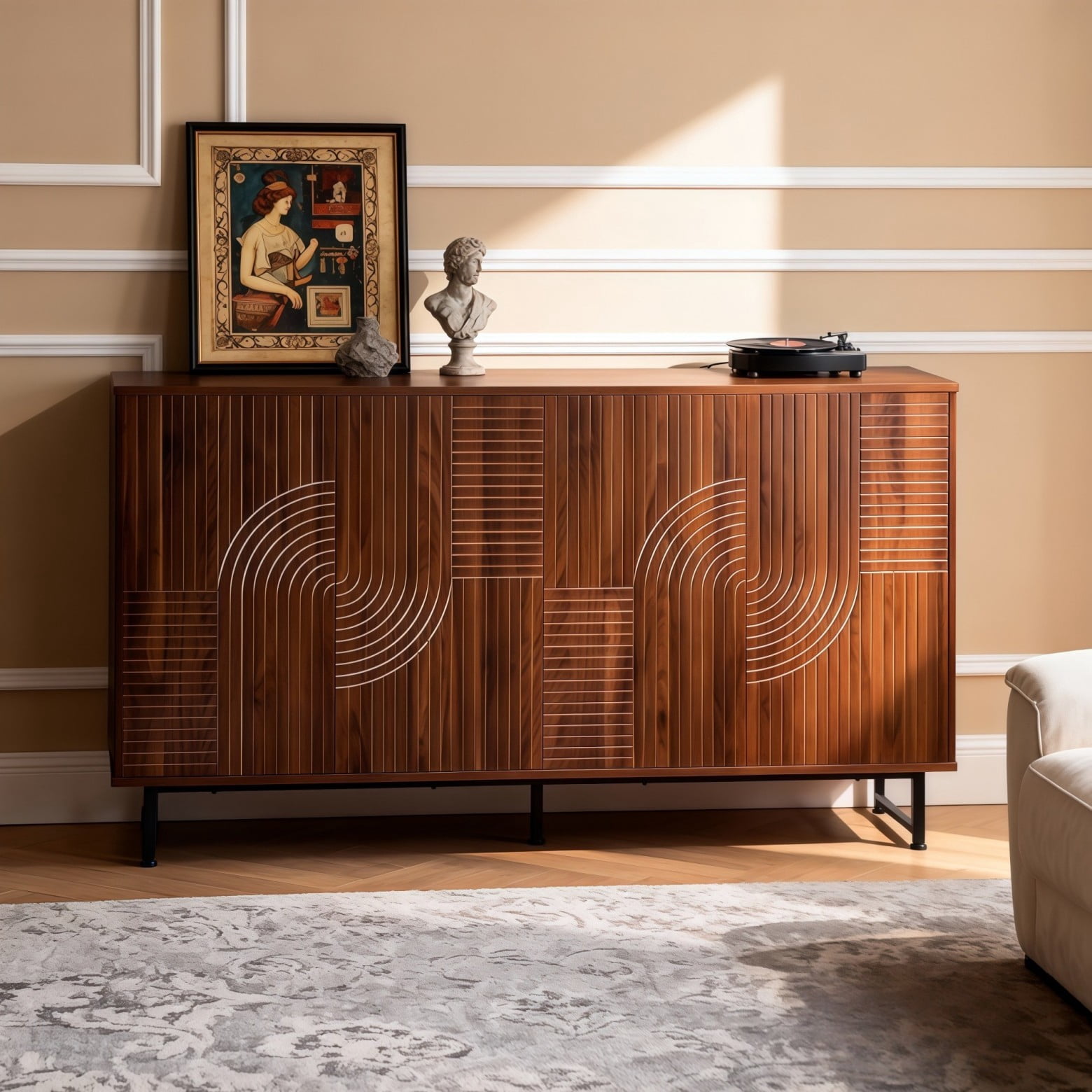 Mid Century Modern Sideboard Cabinet, 59" Walnut Buffet Cabinet with Geometric Carved Doors, Storage Credenza with Metal Legs, Multi-Purpose Cabinet for Living Room Dining Room Entryway