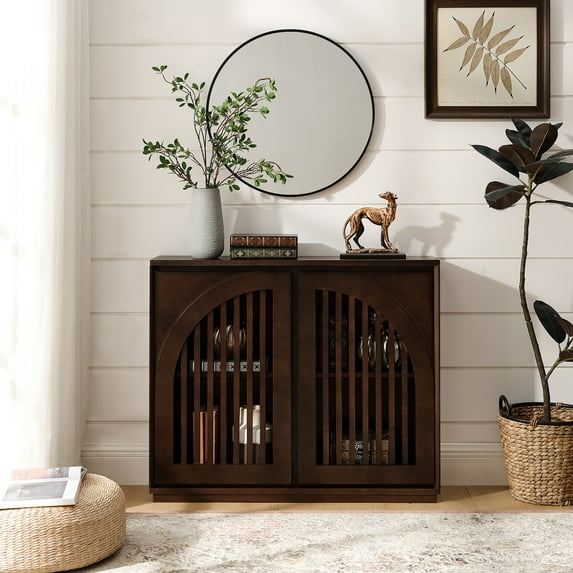 Mid Century Modern Sideboard Cabinet, Fluted Design Buffet Storage Cabinet with 2 Outlet Holes, Narrow Sofa Table for Entryway, Kitchen Coffee Bar, Hallway Organization, Dark Walnut