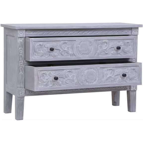 Mid-Century Modern Sideboard with 2 Drawers, 35.4x11.8x23.6 Inch Solid Mahogany Wood Cabinet with Gray Wash Finish, Sturdy Storage for Living Room