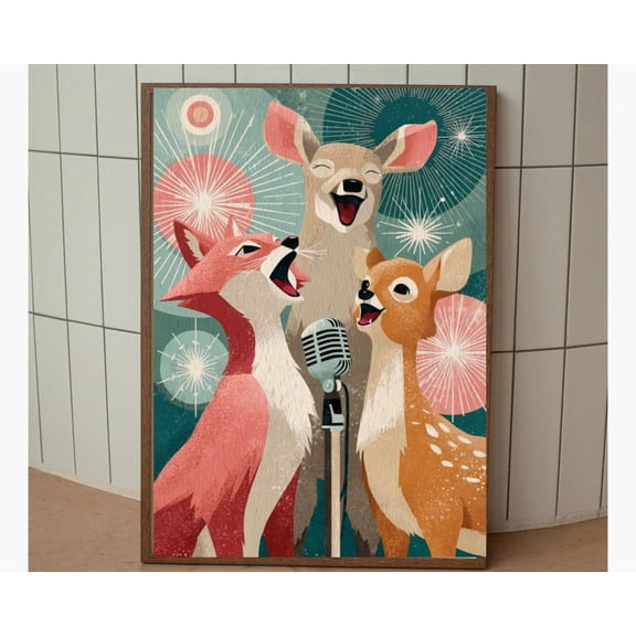 Mid-Century Modern Singing Animals Wall Art, Retro, Atomic Style Music Decor, Vintage Teal And Coral Unframed Paper Print