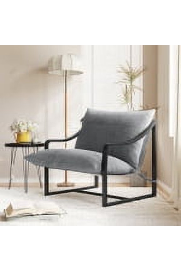 Mid-Century Modern Sling Accent Chair, Comfy Fabric Living Room Chairs with Heavy Duty Metal Frame, Lounge Reading Armchair for Living Room Bedroom, Easy Assembly, Dark Grey