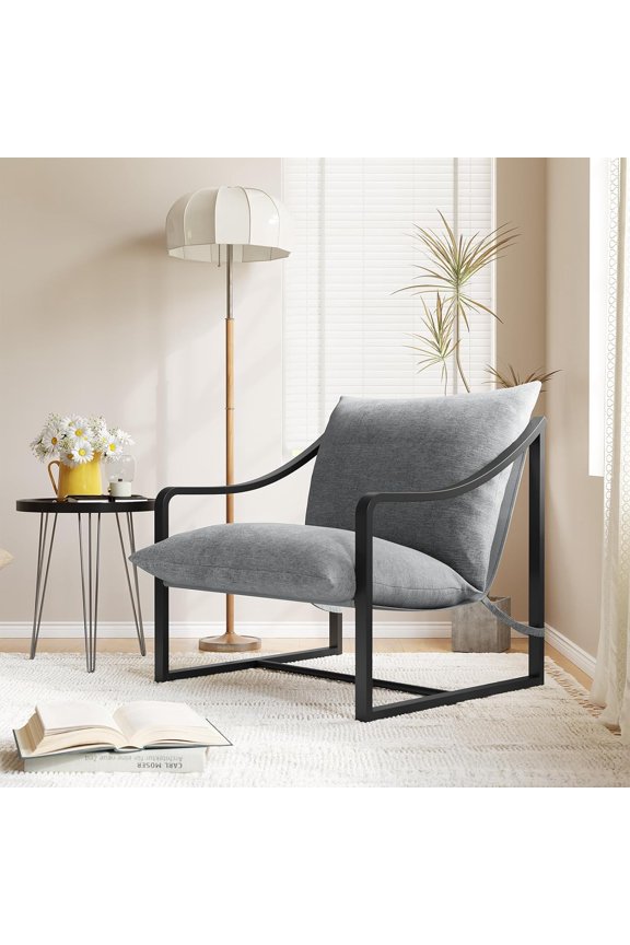 Mid-Century Modern Sling Accent Chair w/Removable Cushion, Sturdy Metal Frame for Living Room & Bedroom, Easy Assembly