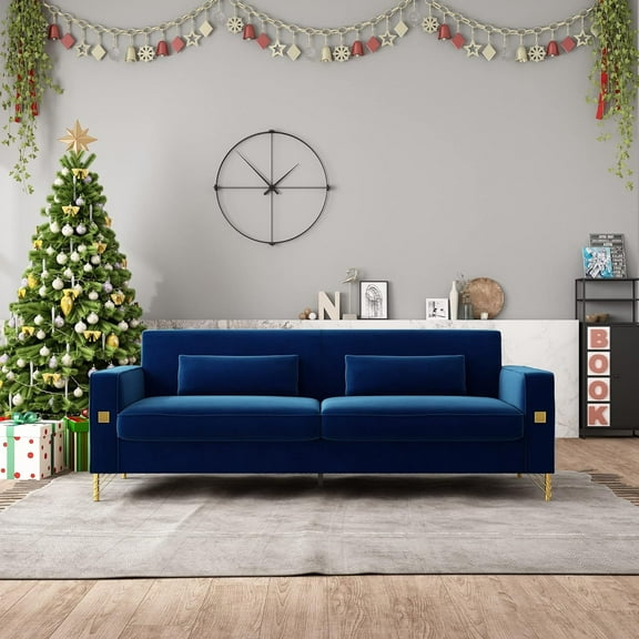Mid-Century Modern Sofa Couch, 84" Loveseat Velvet Sofa, Large Sectional Couch with Gold Metal Legs for 3-4 Persons, Upholstered Deep Seat Couches for Living Room, Bedroom, Home, Office(Blue)