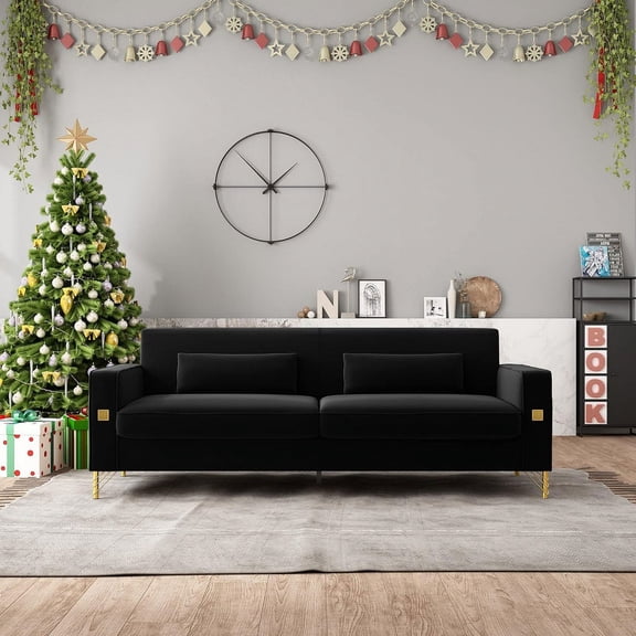 Mid-Century Modern Sofa Couch, 84" Loveseat Velvet Sofa, Large Sectional Couch with Gold Metal Legs for 3-4 Persons, Upholstered Deep Seat Couches for Living Room, Bedroom, Home, Office(Black)