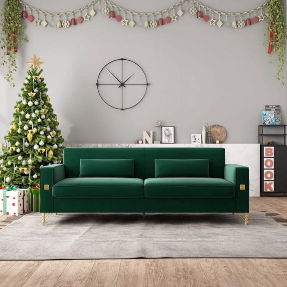 Mid-Century Modern Sofa Couch, 84" Loveseat Velvet Sofa, Large Sectional Couch with Gold Metal Legs for 3-4 Persons, Upholstered Deep Seat Couches for Living Room, Bedroom, Home, Office(Green)