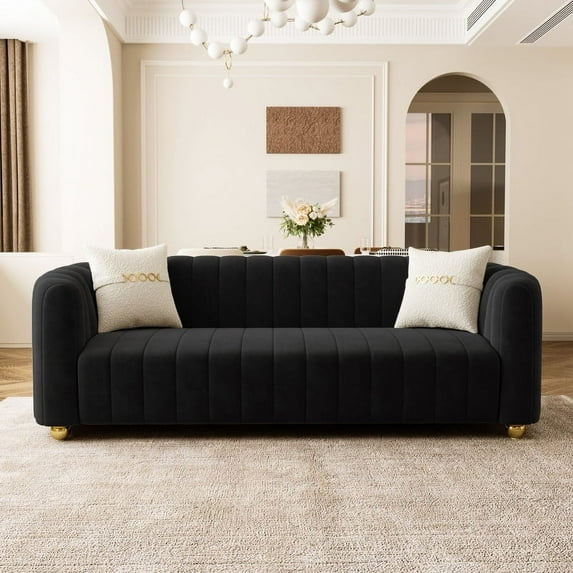 Mid-Century Modern Sofa for Living Room, 84" Black Tufted Velvet Loveseat Sofa Couch, Sectional Love seat Sofa Couch with Gold Legs, Upholstered Sofa for Apartment Bedroom Apartment Home Office