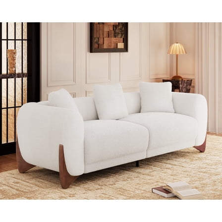 Mid Century Modern Sofa with Lamb Wool Fabric, Upholstered Living Room Sofa with Waist Cushion- Fortmok