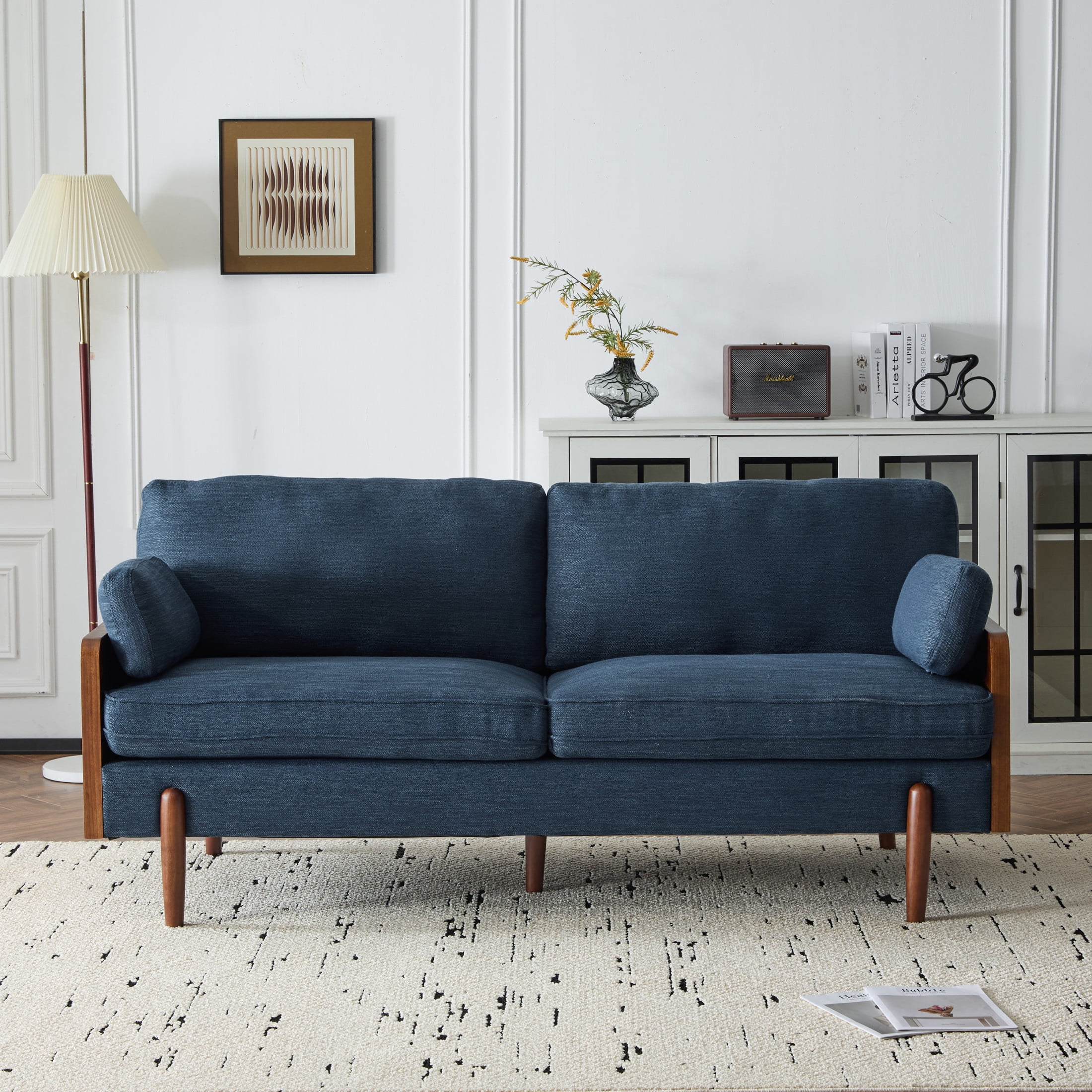 Navy Blue Fabric Mid-Century Modern Sofa with Wood Frame