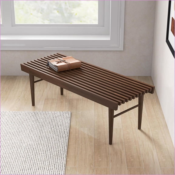 Mid Century Modern Solid Wood Bench | Walnut Brown Finish | 15.5'' H x 47.2'' W x 18.1'' D | Living Room, Hallway, Bedroom | Dark Brown | Wood