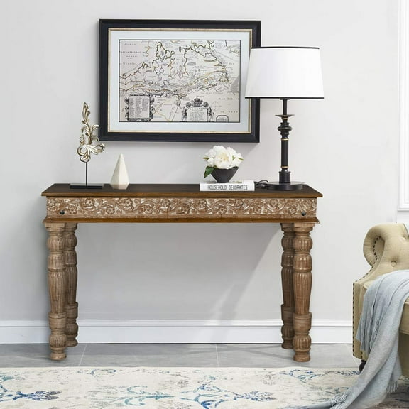 Mid Century Modern Solid Wood Carved Distressed Console | Farmhouse Coastal Entry Hallway Table | Transitional Sofa Table | Rustic White
