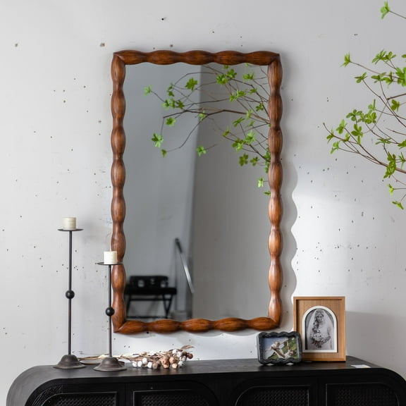 Mid Century Modern Solid Wood Frame Wall Mirror with Non Distorting Float Glass for Bedroom and Living Room Decor, Brown