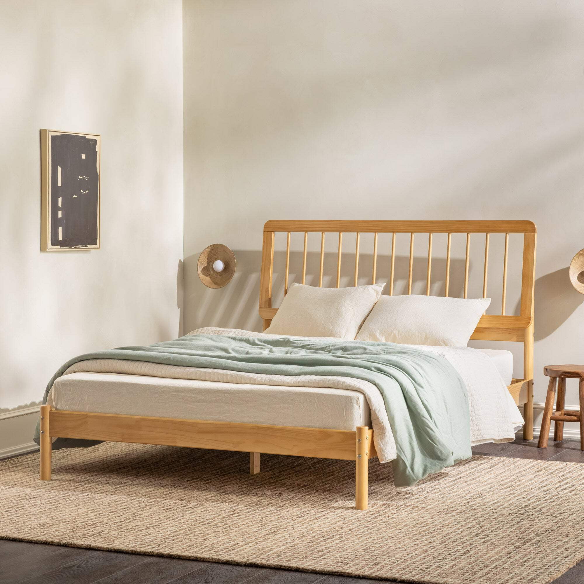 Natural Pine Queen Mid-Century Modern Spindle Bed Frame