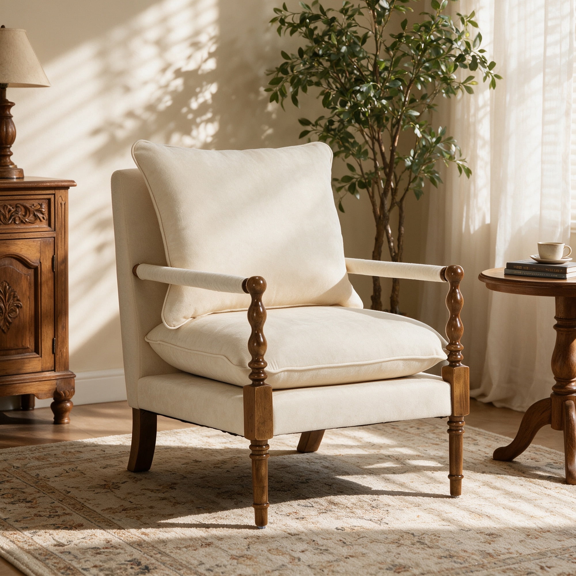 Mid-Century Modern Spindle Armchair,Linen Accent Chair with Cushion & Wood Frame for Living Room Bedroom Office,Beige