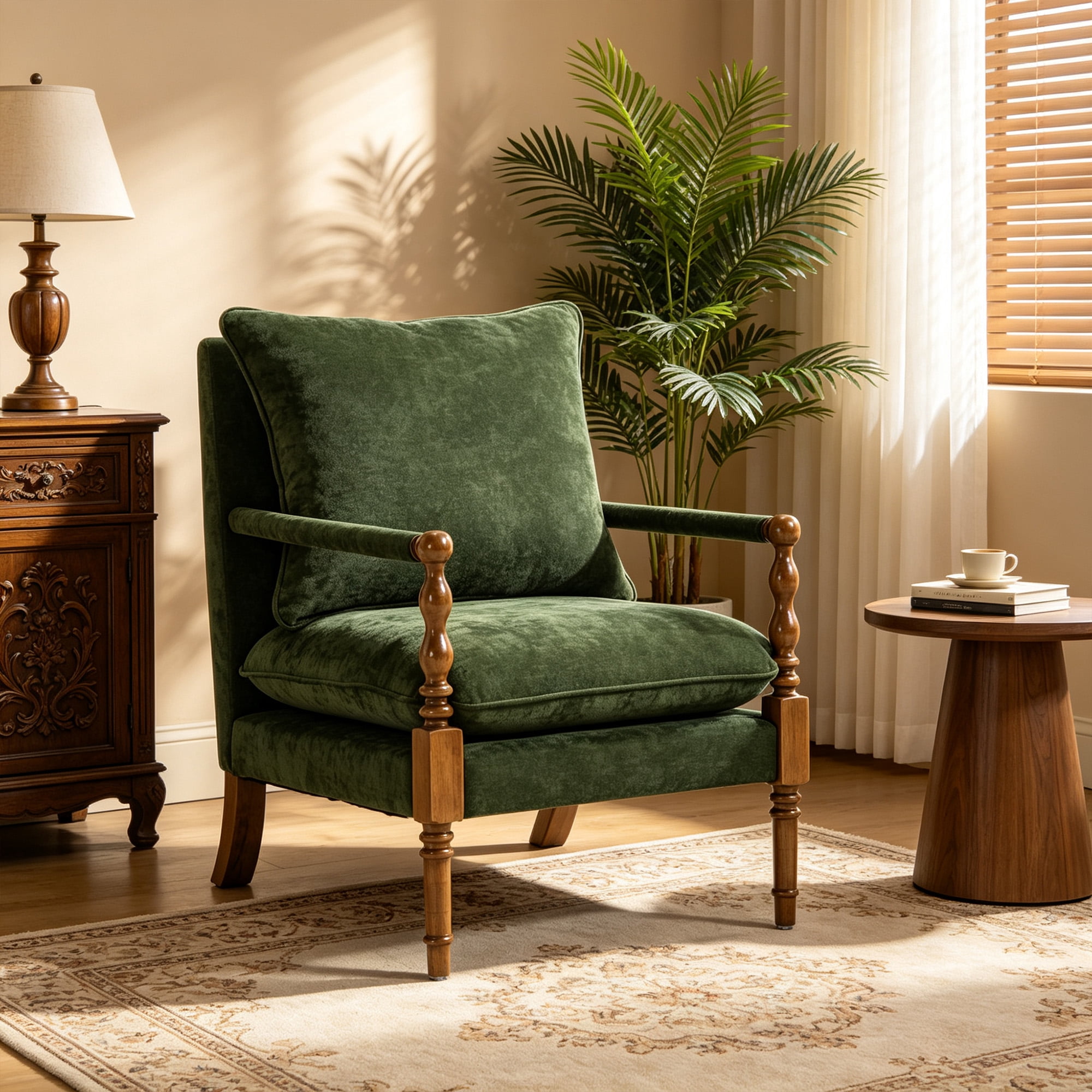 Mid-Century Modern Spindle Armchair,Linen Accent Chair with Cushion & Wood Frame for Living Room Bedroom Office,Emerald
