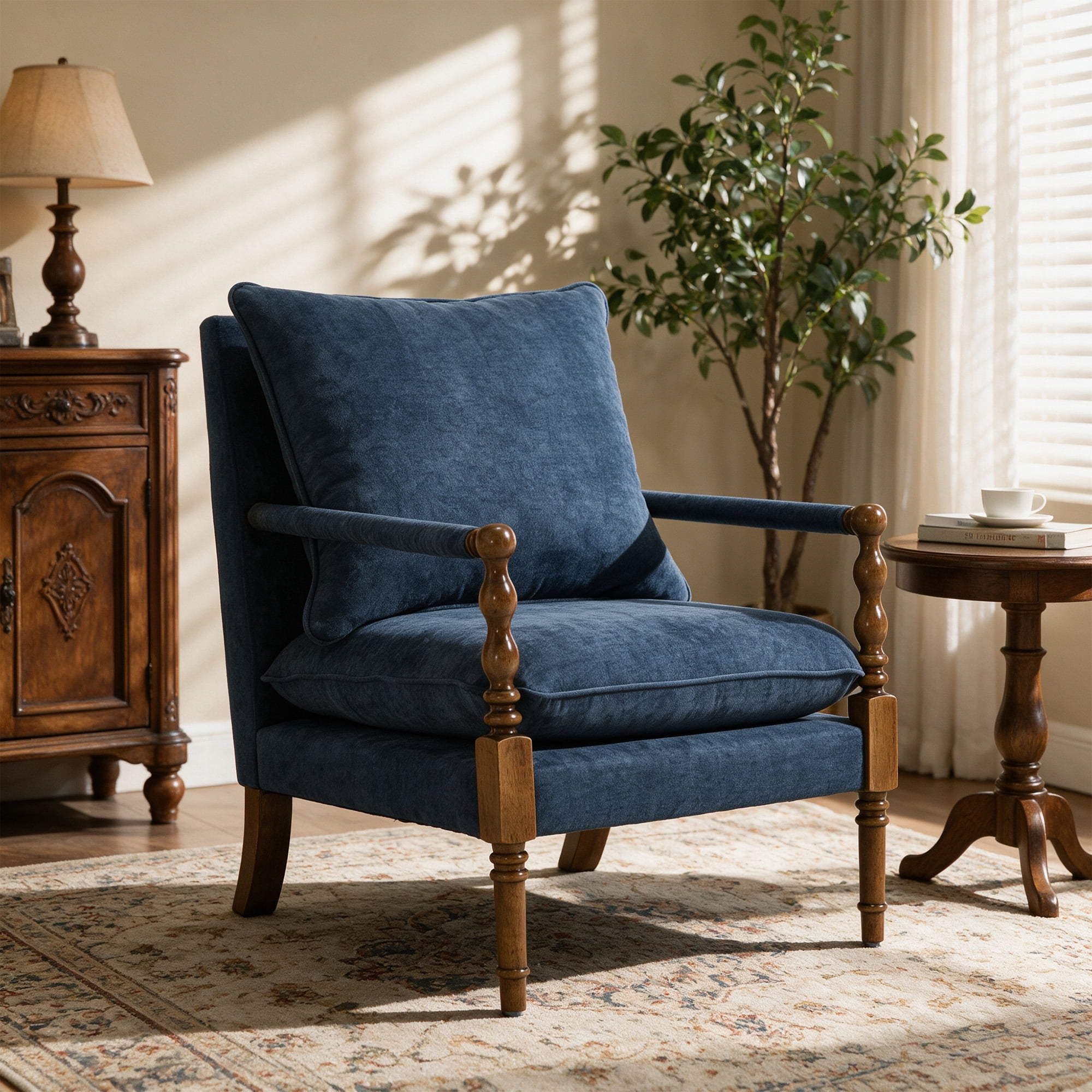 Mid-Century Modern Spindle Armchair,Linen Accent Chair with Cushion & Wood Frame for Living Room Bedroom Office,Navy