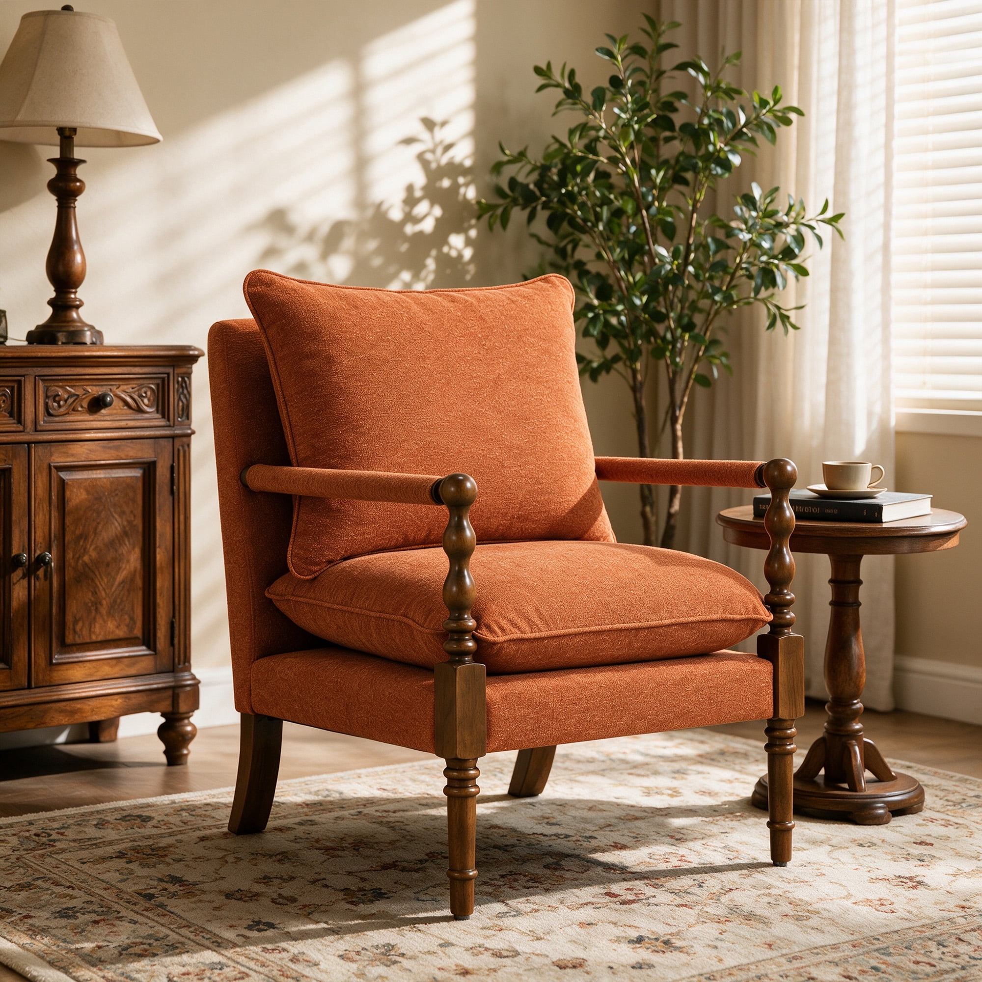 Mid-Century Modern Spindle Armchair,Linen Accent Chair with Cushion & Wood Frame for Living Room Bedroom Office,Orange