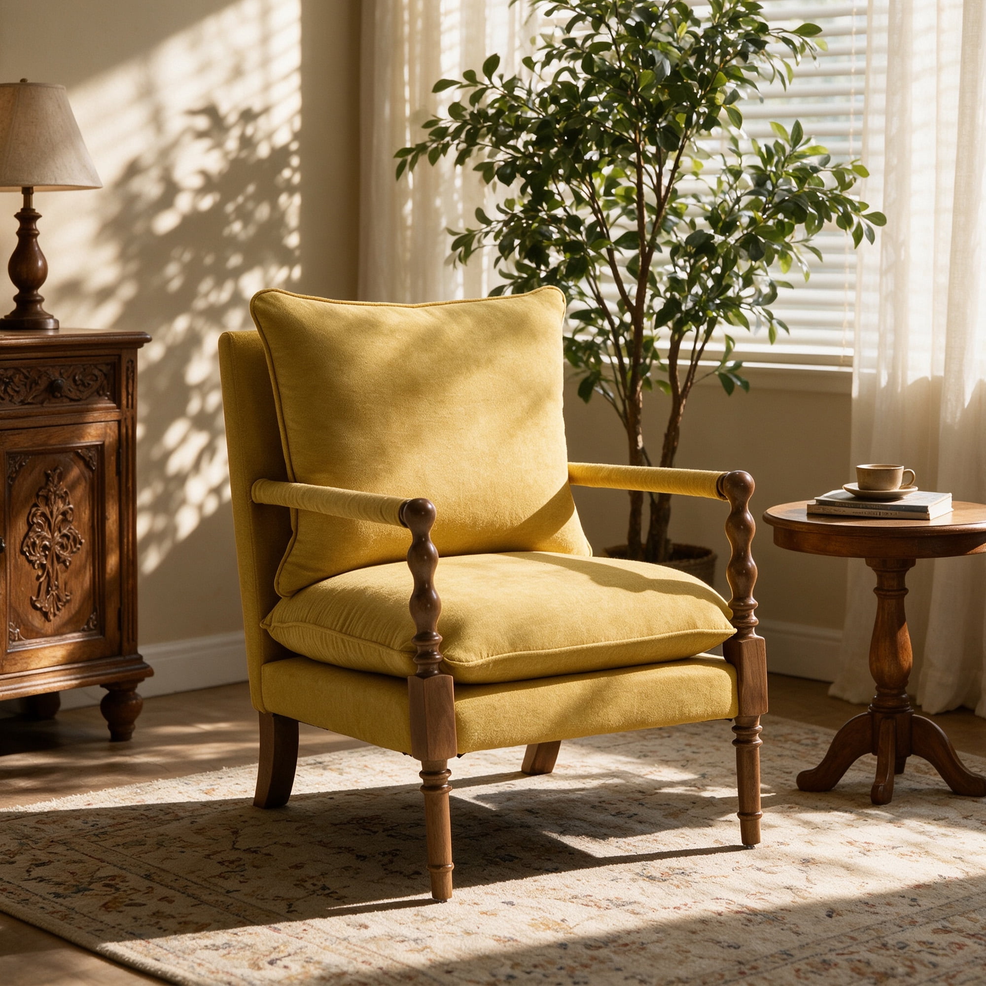 Mid-Century Modern Spindle Armchair,Linen Accent Chair with Cushion & Wood Frame for Living Room Bedroom Office,Yellow