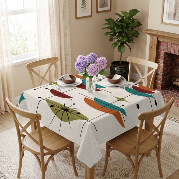 Mid Century Modern Square Tablecloth 54x54 Inch Abstract Geometric Lines Orange Teal Waterproof Polyester Tablecloth for Dining Table, Washable Table Cover for Kitchen Dining Room Wedding