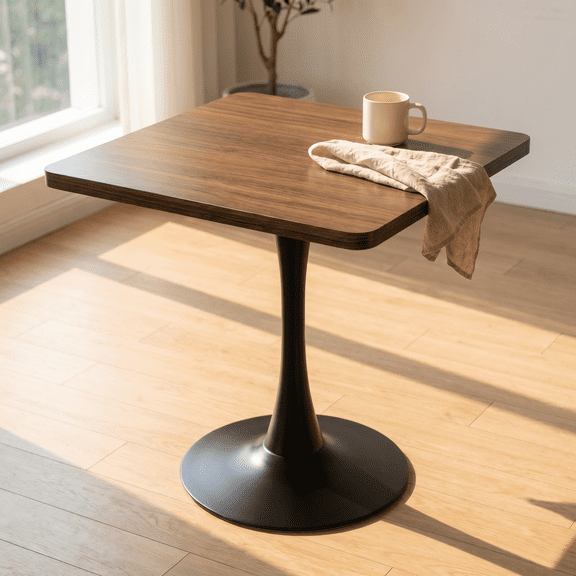 Mid-Century Modern Square Tulip Dining Table, 27.6 Inch Walnut Bistro Table with Thickened Edge Tabletop & Sturdy Metal Pedestal, Small Space Accent Table for Kitchen, Living Room, Apartment, Cafe