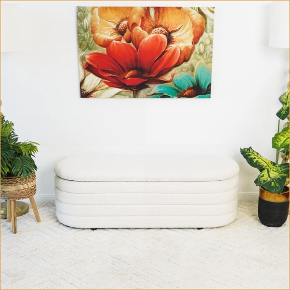 Mid-Century Modern Storage Bench, Teak Frame Ivory Boucle | Living Room Bedroom Entryway | Ivory | Boucle