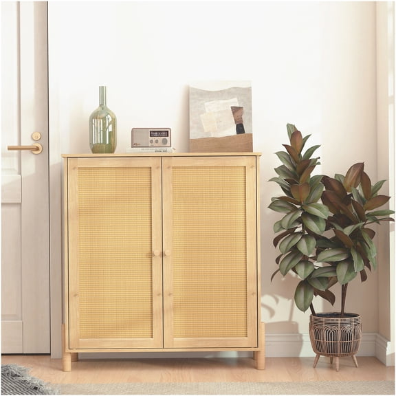 Mid-Century Modern Storage Cabinet with Rattan Doors, Adjustable Shelves for Living Room & Dining Room