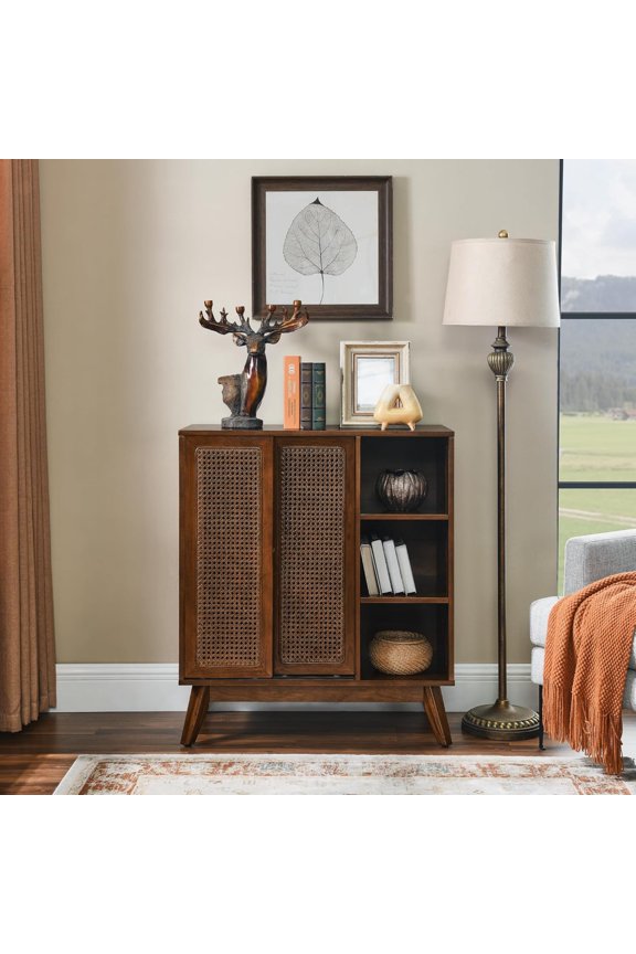 Mid Century Modern Storage Cabinet with Rattan Sliding Doors and Open Shelves, Boho Style Wooden Sideboard Buffet for Living Room,Dark Walnut